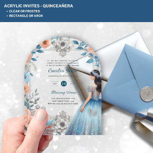 Invitaciones Acrílicas Vestido de color Plata Azul de Quinceañera ACRÍLIC