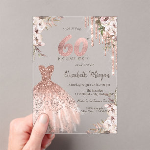 Invitaciones Acrílicas Vestido de destellos de oro rosa Flores Cumpleaños