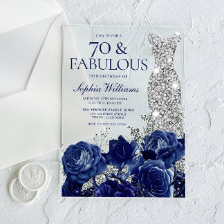 Invitaciones Acrílicas Vestido de diamantes de rosas de la Marina cumplea