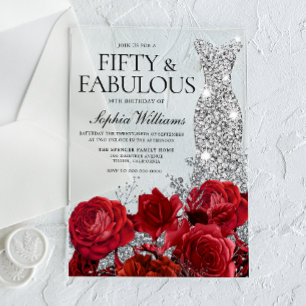 Invitaciones Acrílicas Vestido de diamantes de rosas rojas negro cumpleañ