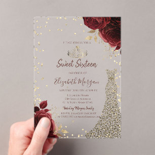 Invitaciones Acrílicas Vestido de diamantes dorados Rosas rojas oscuras D