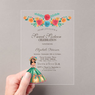 Invitaciones Acrílicas Vestido de Fiesta Mexicana Flores Dulces 16