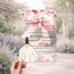 Invitaciones Acrílicas Vestido de florales de lazo rosa rubor Quinceanera