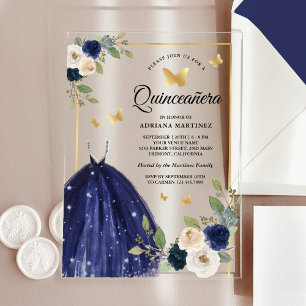 Invitaciones Acrílicas Vestido de flores azul marino Mariposa Quinceañera