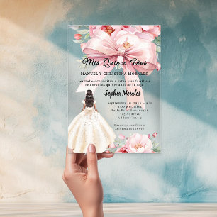 Invitaciones Acrílicas Vestido de flores con lazo rosa claro Quinceañera 