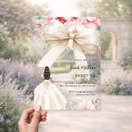 Invitaciones Acrílicas Vestido de flores rosadas con lazo crema claro Swe