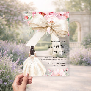 Invitaciones Acrílicas Vestido de flores rosadas con lazo crema claro Swe