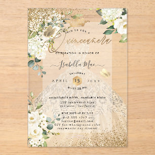 Invitaciones Acrílicas Vestido de lentejuelas doradas de champán para Qui