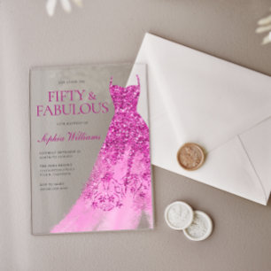Invitaciones Acrílicas Vestido de lentejuelas rosa caliente para cumpleañ