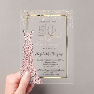 Invitaciones Acrílicas Vestido de lentejuelas rosa oro Cumpleaños 50