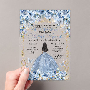 Invitaciones Acrílicas Vestido de lujo Bebé Azul Oro Princesa Quinceañera