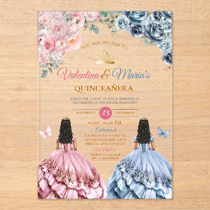 Invitaciones Acrílicas Vestido de niña gemela Quinceañera 15 años flores