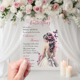 Invitaciones Acrílicas Vestido de Novia Floral Mariposas Rosadas Regalo d