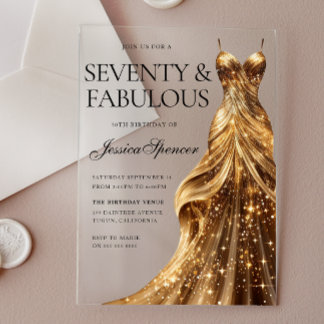 Invitaciones Acrílicas Vestido de oro champán 70 y fabuloso cumpleaños 70