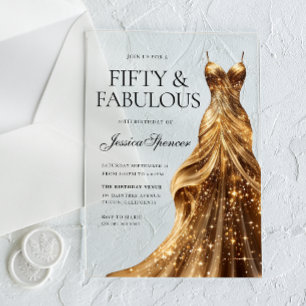 Invitaciones Acrílicas Vestido de oro de Champagne Fabulous Fifty 50th Bi