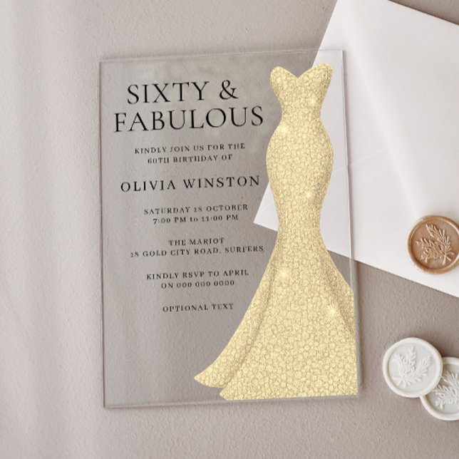 Invitaciones Acrílicas Vestido de oro elegante sesenta y fabuloso cumplea (Subido por el creador)