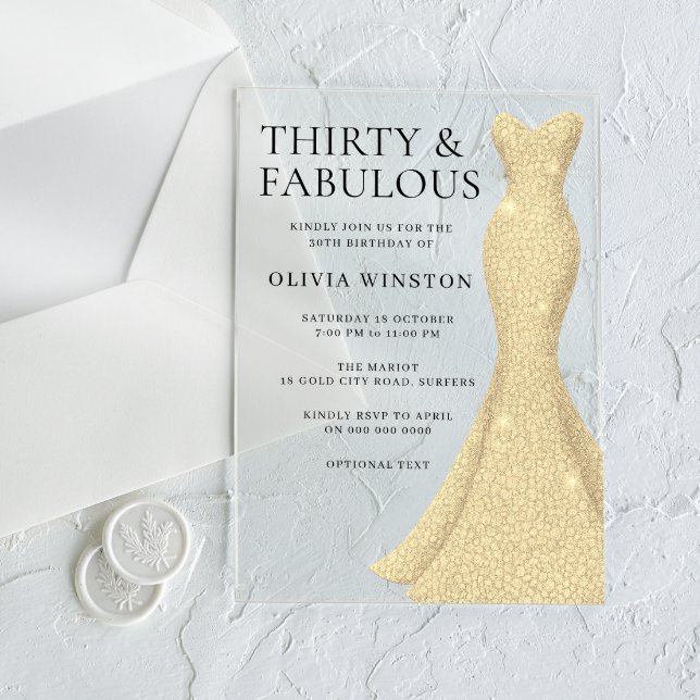 Invitaciones Acrílicas Vestido de oro elegante Treinta y fabuloso cumplea (Subido por el creador)