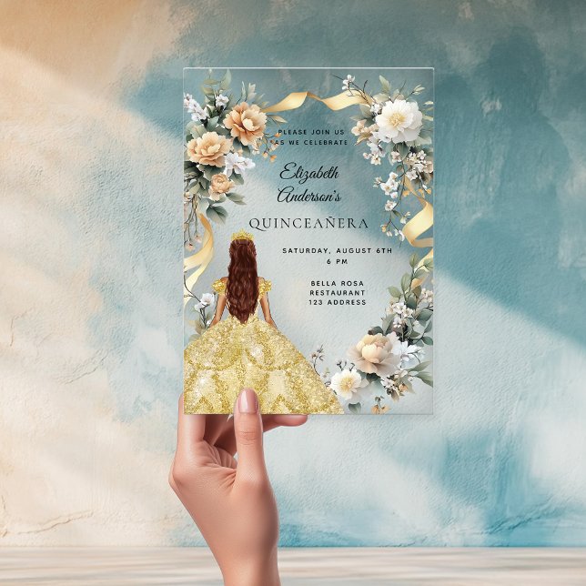 Invitaciones Acrílicas Vestido de oro quinceanera flor amarillo transpare (Subido por el creador)