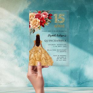 Invitaciones Acrílicas Vestido de oro Quinceanera flores rosas claro