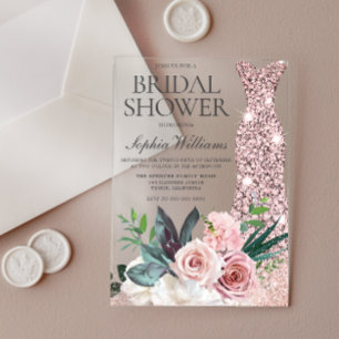 Invitaciones Acrílicas Vestido de oro rosa floral rosa sonrojado para duc