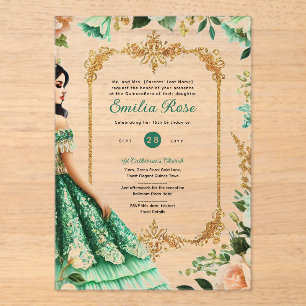 Invitaciones Acrílicas Vestido de oro verde esmeralda de Quinceañera