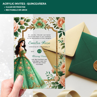 Invitaciones Acrílicas Vestido de oro verde esmeralda de Quinceañera