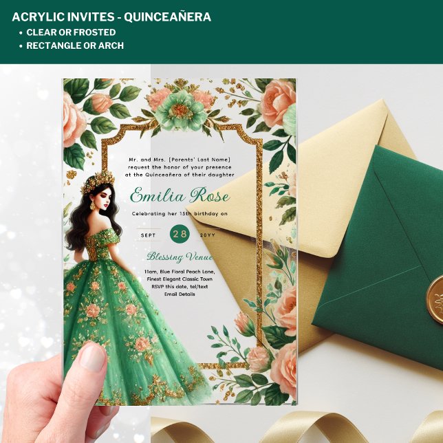 Invitaciones Acrílicas Vestido de oro verde esmeralda de Quinceañera (Subido por el creador)