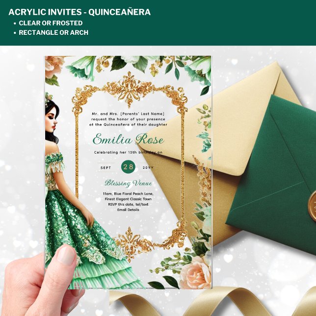 Invitaciones Acrílicas Vestido de oro verde esmeralda de Quinceañera (Subido por el creador)