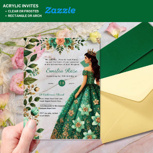Invitaciones Acrílicas Vestido de oro verde esmeralda de Quinceañera