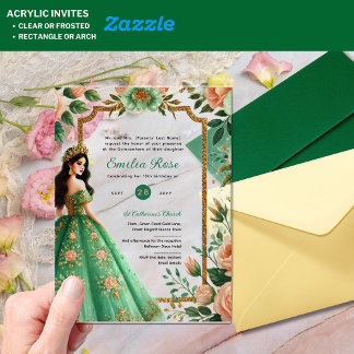 Invitaciones Acrílicas Vestido de oro verde esmeralda de Quinceañera