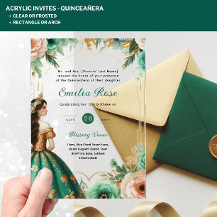 Invitaciones Acrílicas Vestido de ORO VERDE esmeralda de Quinceañera