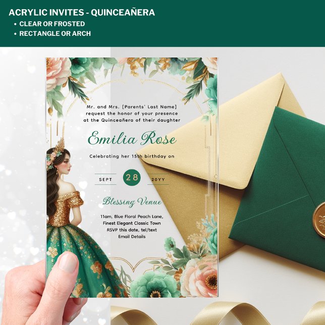 Invitaciones Acrílicas Vestido de ORO VERDE esmeralda de Quinceañera (Subido por el creador)