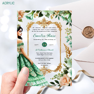 Invitaciones Acrílicas Vestido de oro verde Quinceañera Esmeralda Mis Qui