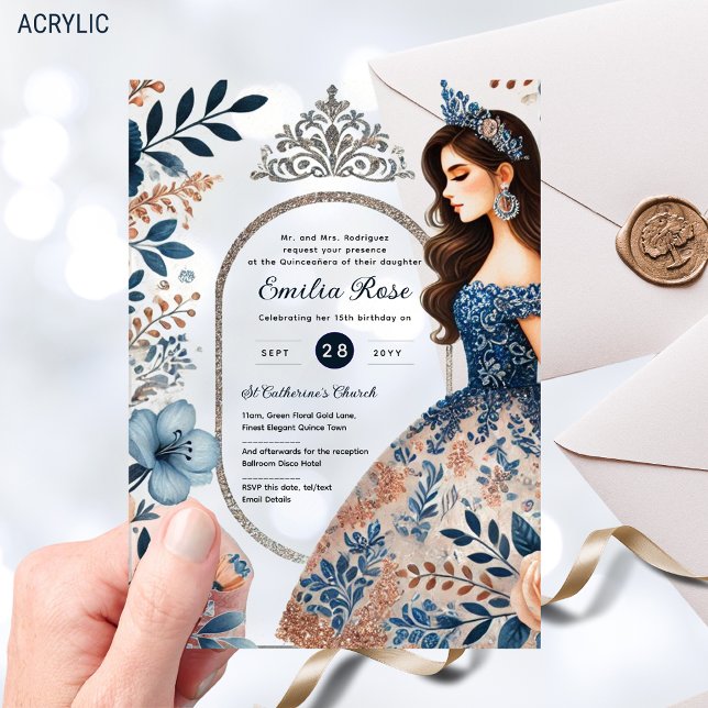 Invitaciones Acrílicas Vestido de plata azul NAVY Quinceañera Quince flor (Subido por el creador)
