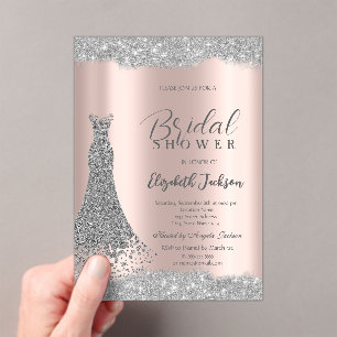 Invitaciones Acrílicas Vestido de plata brillo marco rosa oro 