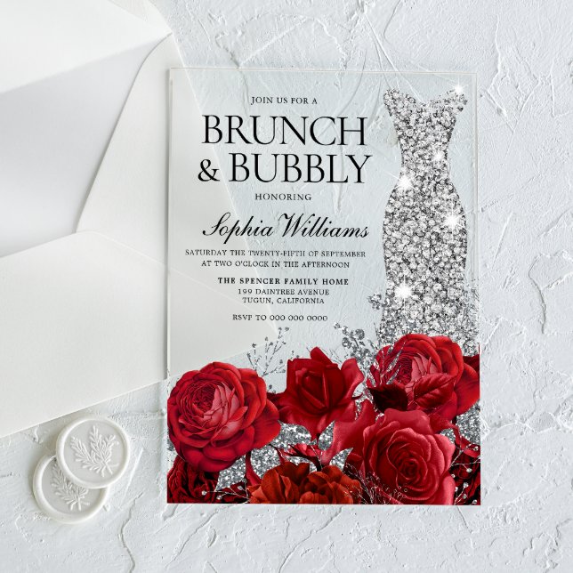 Invitaciones Acrílicas Vestido de plata Rojo Brunch Bubbly Bridal Shower (Subido por el creador)