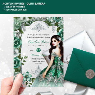 Invitaciones Acrílicas Vestido de plata verde esmeralda de Quinceañera AC