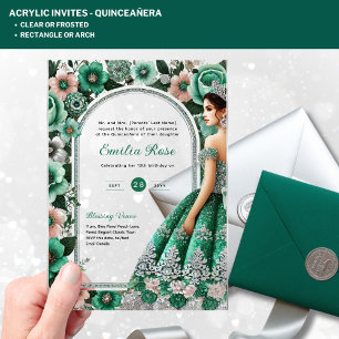 Invitaciones Acrílicas Vestido de plata verde esmeralda de Quinceañera AC