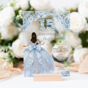 Invitaciones Acrílicas Vestido de Princesa Azul Floral Coquette Quinceane