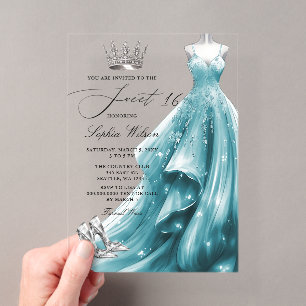 Invitaciones Acrílicas Vestido de princesa de color azul verde plateado S