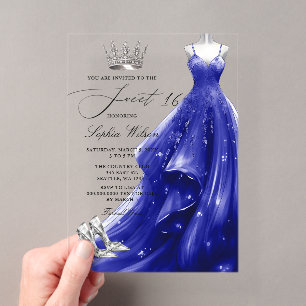 Invitaciones Acrílicas Vestido de princesa de gala naval plateado Cumplea