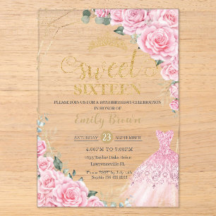 Invitaciones Acrílicas Vestido de princesa de oro con rosas rosadas Sweet