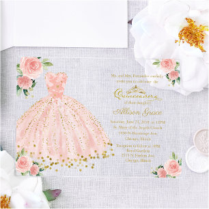Invitaciones Acrílicas Vestido de Princesa de Oro Rosa Floral Quinceañera