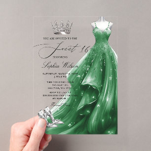 Invitaciones Acrílicas Vestido de Princesa Esmeralda Plateada Cumpleaños