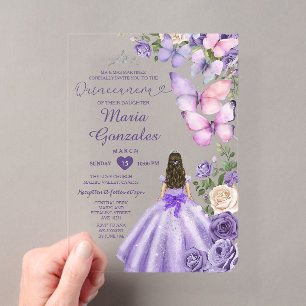 Invitaciones Acrílicas Vestido de Princesa Floral Mariposa Morada Quincea