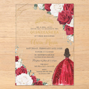 Invitaciones Acrílicas Vestido de princesa floral rojo blanco Quinceañera