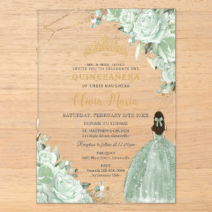 Invitaciones Acrílicas Vestido de princesa floral verde salvia Quinceañer