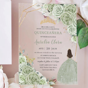 Invitaciones Acrílicas Vestido de Princesa Floral Verde Salvia Quinceañer