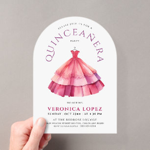 Invitaciones Acrílicas Vestido de Princesa Quince Moderno Blanco Rosa Acu