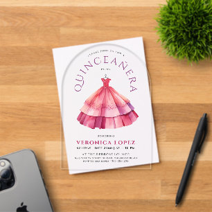 Invitaciones Acrílicas Vestido de Princesa Quince Moderno Rosa Claro Acua